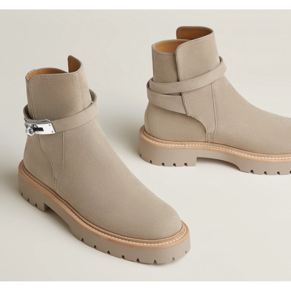 Hermes Jeff Ankle Boot Beige Galet Suede Goatskin Kelly Lock Buckle Palladium 40 - Picture 5 of 16